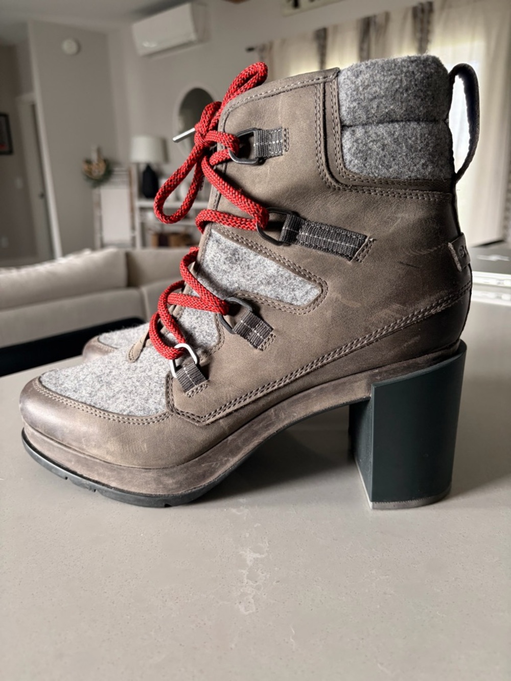 Sorel Women's Brown and Gray Lace-Up Block Heel Boots with Red Laces